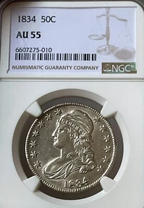 1834 NGC AU55 Capped Bust Half Dollar Silver Coin NICE LUSTROUS LOT #PQ10 NR - Picture 1 of 9
