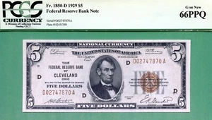 1929 $5 FRBN - CLEVELAND - PCGS GEM 66 PPQ - Fr 1850-D - 1929 $5 FRBN CLEVELAND - Picture 1 of 2