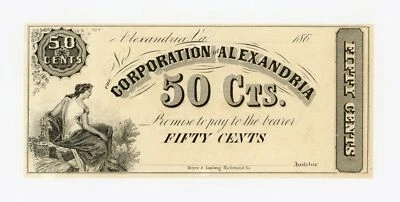 1860's 50c The Corporation of Alexandria, VIRGINIA Note AU - Image 1 of 2