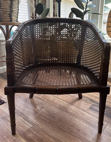 Hollywood Regency Faux Bamboo and Cane Barrel Back Armchair Buyer$Ship Cover