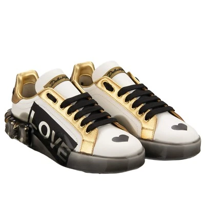 DOLCE & GABBANA DG Logo Studs Crystals Heart LOVE Sneaker PORTOFINO Gold White - Image 1 of 4