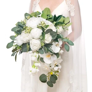 Ling's Moment White Bridal Bouquet Cascading, White Wedding Bouquets for Brid... - Picture 1 of 9