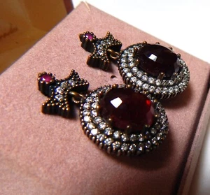 Sterling Silver Red Ruby Stone Dangle Drop EARRINGS w Pave Crystals Turkish - Picture 1 of 7