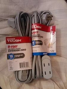 2 HYPER TOUGH~9 FT. BRAIDED EXTENSION CORD~16 GAUGE~GRAY~NEW IN PKG~3 OPENINGS - Picture 1 of 5