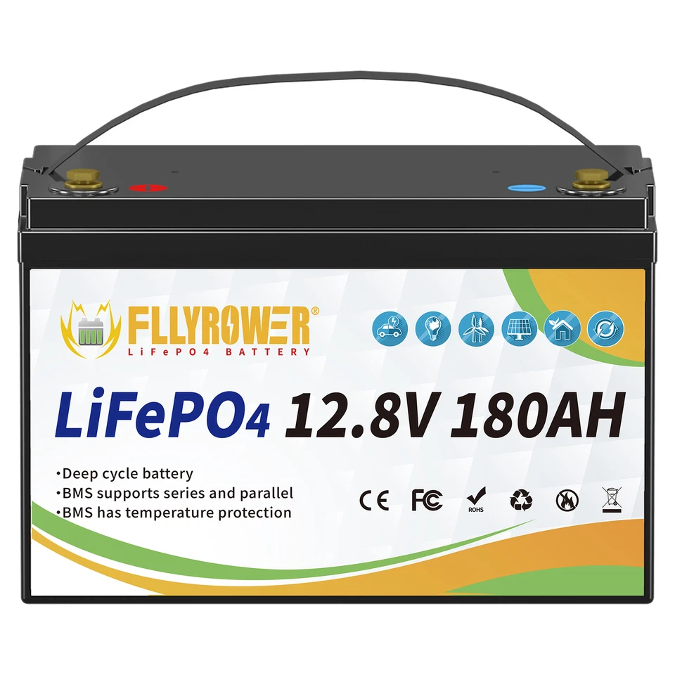 FLLYPOWER Batería de litio 12V 180Ah LiFePO4 BMS para batería solar barco autocaravana RV
