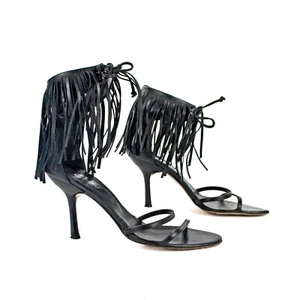 FANTASTIC VTG 1990s GLAM WESTERN CLUB DISCO Fringe Ankle Strap Sandals Shoes - Picture 1 of 7