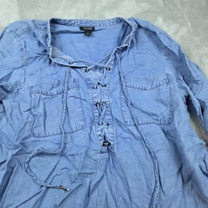 Womens Top ANA  New Approach Blue Chambray Sz Large Tie Front 3/4 Sleeve BOHO - Picture 1 of 7