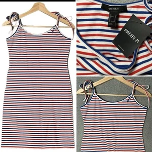 Patriotic Red White Blue Sleeveless Bodycon Mini Tank Dress Sz L Pullover Casual - Picture 1 of 13