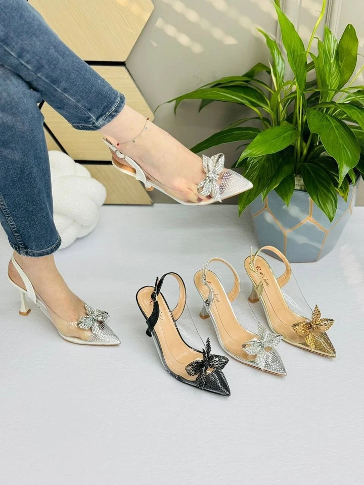Женские прозрачный слинга каблуки со стразами бант вкратце носок туфли - Изображение 1 из 1