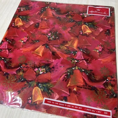 Vintage 60s Gift Wrap CHRISTMAS Pink Red Gold Bells Colorful Wrapping Paper MCM - Image 1 of 4