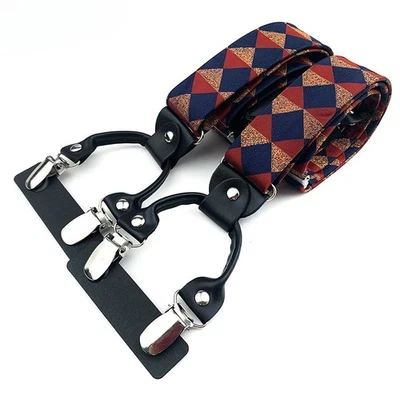 Elasticated Braces for Trousers Suspenders Adult 6-Clip Adjustable Plaid Suit