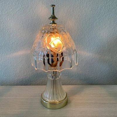 Vintage Glass Accent Lamp Floral Etched Brass Base Ribbed Stem Leviton Switch - Image 1 of 4