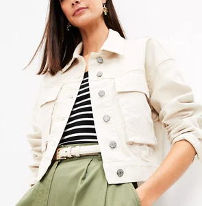 NEW ANN TAYLOR LOFT CROPPED DENIM JACKET IN POPCORN SZ LARGE - Picture 1 of 7