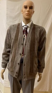Norm Thompson cardigan sweater size L brown Suede trim ATOMIC cable knit - Picture 1 of 5