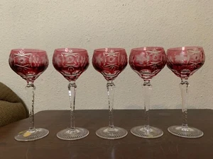 Nachtmann Crystal Cranberry Wine Glasses Cut To Clear 8 1/4" Set Of 5 Germany - Picture 1 of 24
