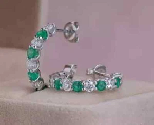 2Ct Round Lab-Created Green Emerald Diamond Hoop Earrings 14K White Gold Plated - Picture 1 of 5