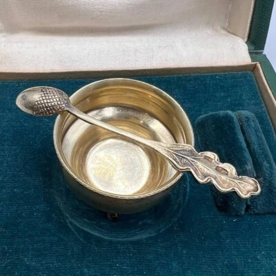 Винтажный СССР 875 позолоченный серебряный соляной погреб и ложка набор гравированная чаша с коробкой - Изображение 1 из 4