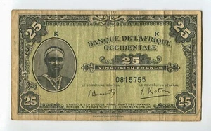 1942 Französische Banque De F'Afrique Occidentale 25 Francs Banknote WC160 - Bild 1 von 2