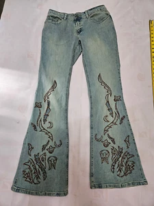 Jeans donna vintage Liquid X vita bassa svasati impreziositi traforati perline taglia 7 - Foto 1 di 19