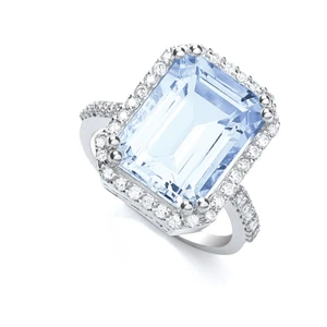 6.65ct Natural Round Cut Diamond & Emerald cut Aquamarine Ring 18K White Gold - Picture 1 of 6