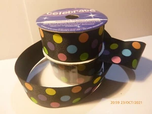 Celebrate 25mm x 3m Polyester Grosgrain Ribbon with multi-coloured Dots on Black - Picture 1 of 12