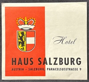 HOTEL HAUS SALZBURG~SALZBURG AUSTRIA~ETICHETTA BAGAGLIO VINTAGE~CORONA E STEMMA - Foto 1 di 2