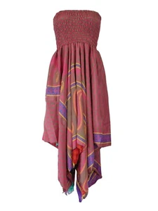 Floral Strapless Summer Dress Two Layer Zig Zag Silk Style Recycled Sari Viscose - Picture 1 of 5