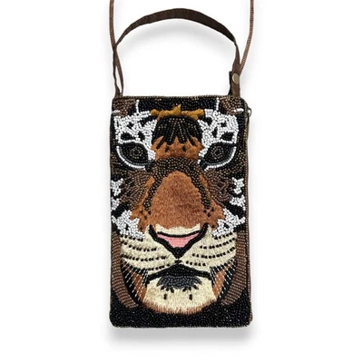 Bamboo Trading Co Tiger Face Crossbody Wristlet Seed Bead Embellished Club Bag - Image 1 of 4