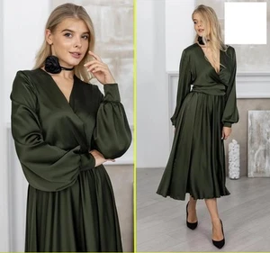 Olive Green Bridesmaid V-Neck Satin Tea Evening Maxi Long Sleeve Cocktail Dress - Picture 1 of 10