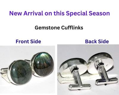 Gemelos redondos de labradorita ardiente enchapados en plata 925 tamaño 21 mm GW Foto 1 de 3