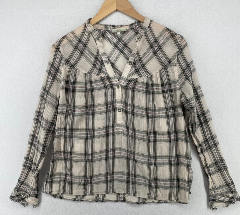 Блузка женская LUCK BRAND XS марлевая клетчатая потертая поповер с длинным рукавом хлопковая серая - Изображение 1 из 4