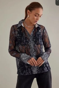NWT Anthropologie Maeve Sheer Long Sleeve Foil Floral Lace Shirt Size small - Picture 1 of 7