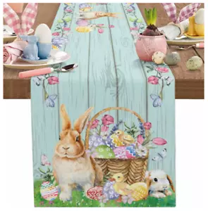 Easter Table Runner 13X90 Eggs Bunny Flowers Butterfly Spring Holiday Rabbits - Picture 1 of 3