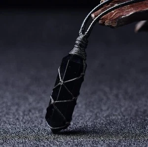 Black Obsidian Hexagonal Amulet Healing Reiki Point Wrapped Pendant Men Necklace - Picture 1 of 5