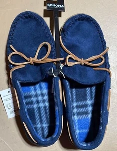 Sonoma Moccasin Slippers ~ Mens Size M (8-9) ~ Plaid fleece lining Navy Blue NEW - Picture 1 of 1