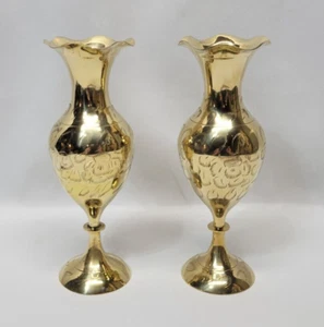 Two Brass Plated Vintage Bud Flower Engraved Vases - Excellent Condition - Picture 1 of 11