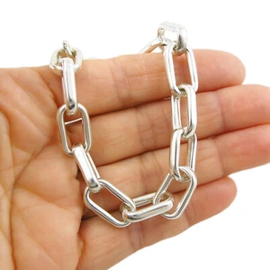 Rectangle Link 925 Silver Chain Bracelet Hallmarked Chunky Polished Sterling - Picture 1 of 6