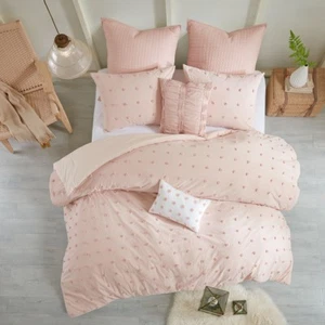 PINK COTTON DOTS COMFORTER SET : COZY COTTAGE CHIC TUFTED JACQUARD - Picture 1 of 9