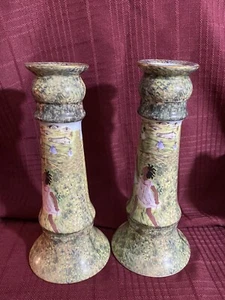 Heritage by Jay Ceramic 8" CANDLESTICK Pair...Sponge Glazed Design  Girls  - Picture 1 of 11