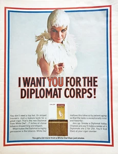 PRINT AD White Owl Diplomat Cigars 1967 10x12.5 I Want You Woman in Feathers - Picture 1 of 1