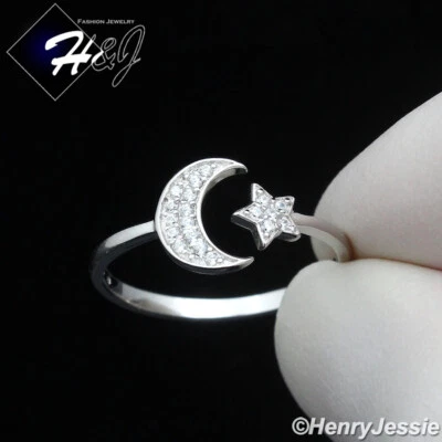 WOMEN 925 STERLING SILVER ICY BLING CZ MOON STAR ETERNITY RING SIZE 5-9*SR209 - Image 1 of 4