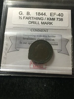 1844  Great Britain, 1/2 Farthing, Coin Mart  Graded **EF-40 Drill Mark** KM#738 - Image 1 of 4