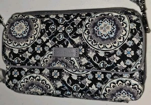 Vera Bradley Crossbody Wallet Gray/Blue/black Medallions Rare EUC Zip Around - Picture 1 of 20
