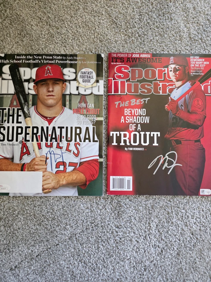 2 Mike Trout Firmado Sports Illustrateds JSA Y Más Allá Una Sombra De Una Trucha MLB Foto 1 de 4