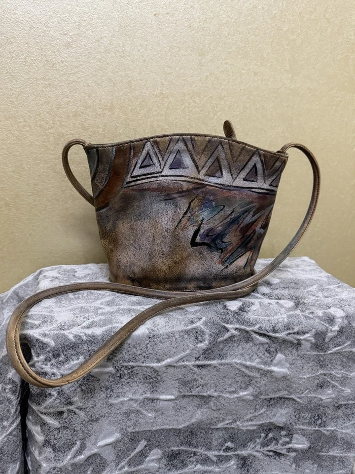 Bolso cruzado de hombro vintage firmado Jane Yoo portátil arte pintado a mano cuero hobo Foto 1 de 4