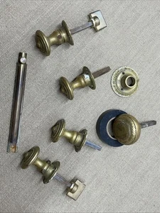 Antique brass door knobs. Patina. uncleaned. 4 Pulls . 1 Solid Brass Knob +Lock - Picture 1 of 8