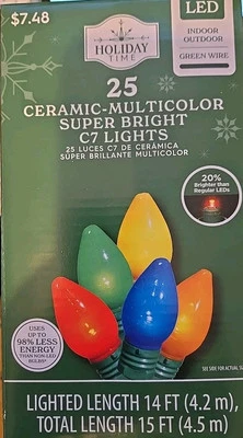 Holiday Time 25 Multicolor Super Bright Ceramic C7 LED Lights  NEW - Image 1 of 3