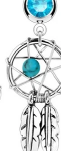 316L Surgical Steel Dream Catcher Navel Belly Ring w/dangle feathers AQUA  - Picture 1 of 1