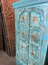Antique Rustic Cabinet, DISTRESSED Blue Arched door ACENT Armoire