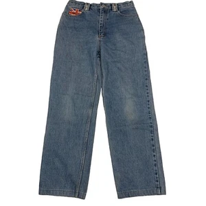 Vtg Michiko Koshino Denim Jeans 30 London British Flag Distressed Mid Straight - Picture 1 of 22